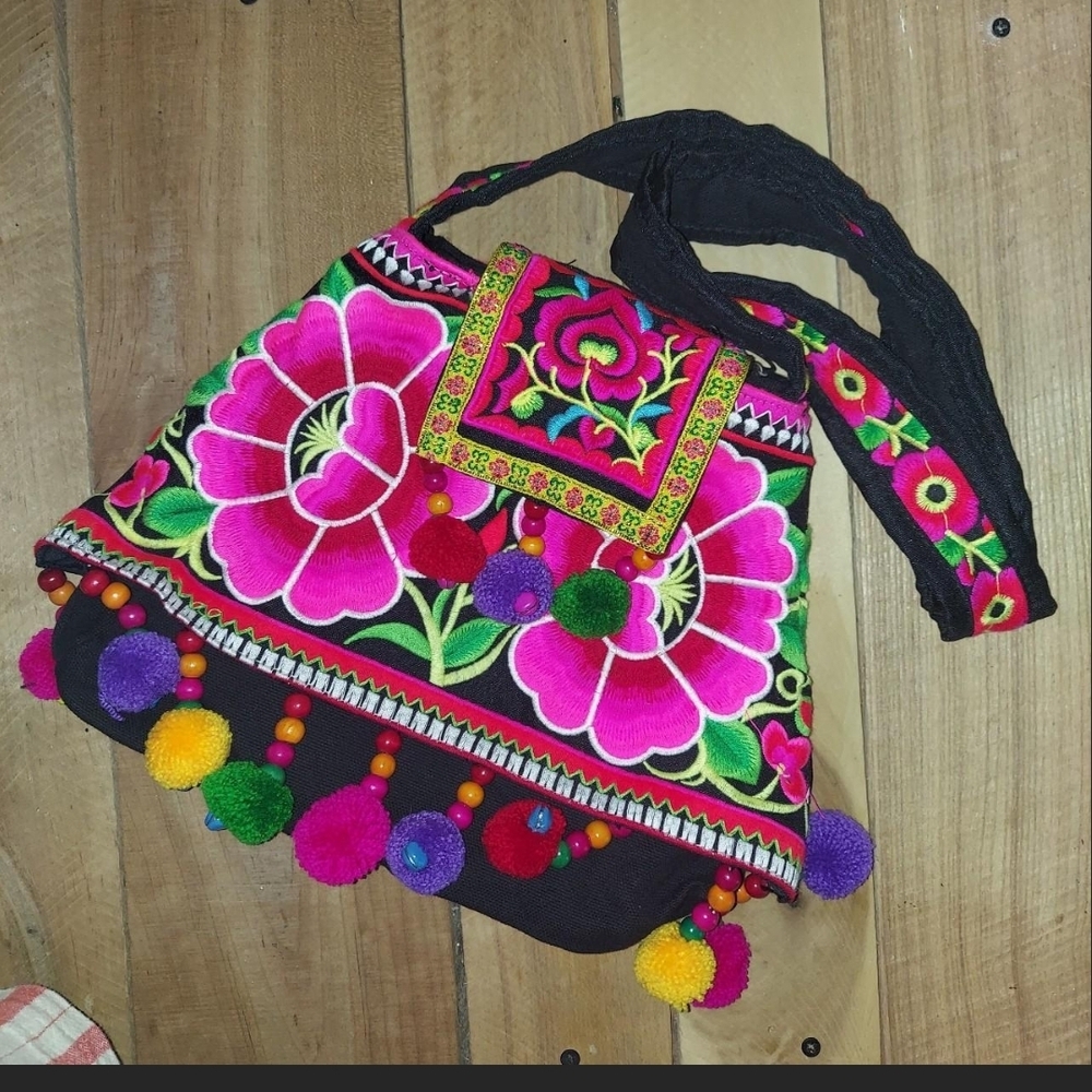 Floral Bohemian Shoulder Bagcolorful boho festival bag withpom poms ,roses